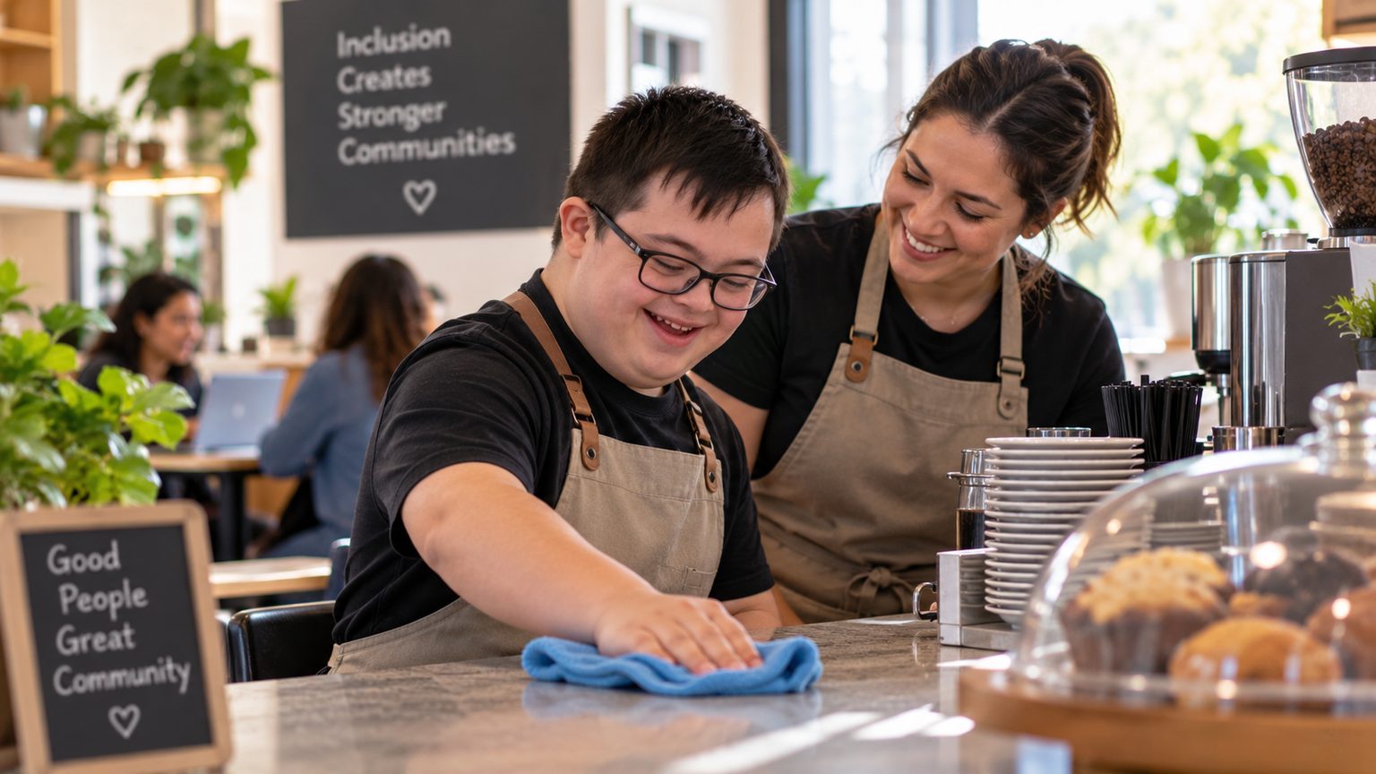 Young adult with a developmental disability participating in supported employment at a café.