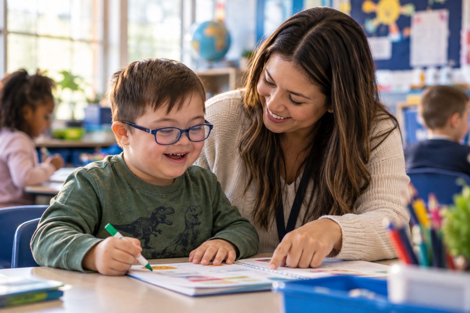 Student receiving individualized support from a teacher in an inclusive classroom.