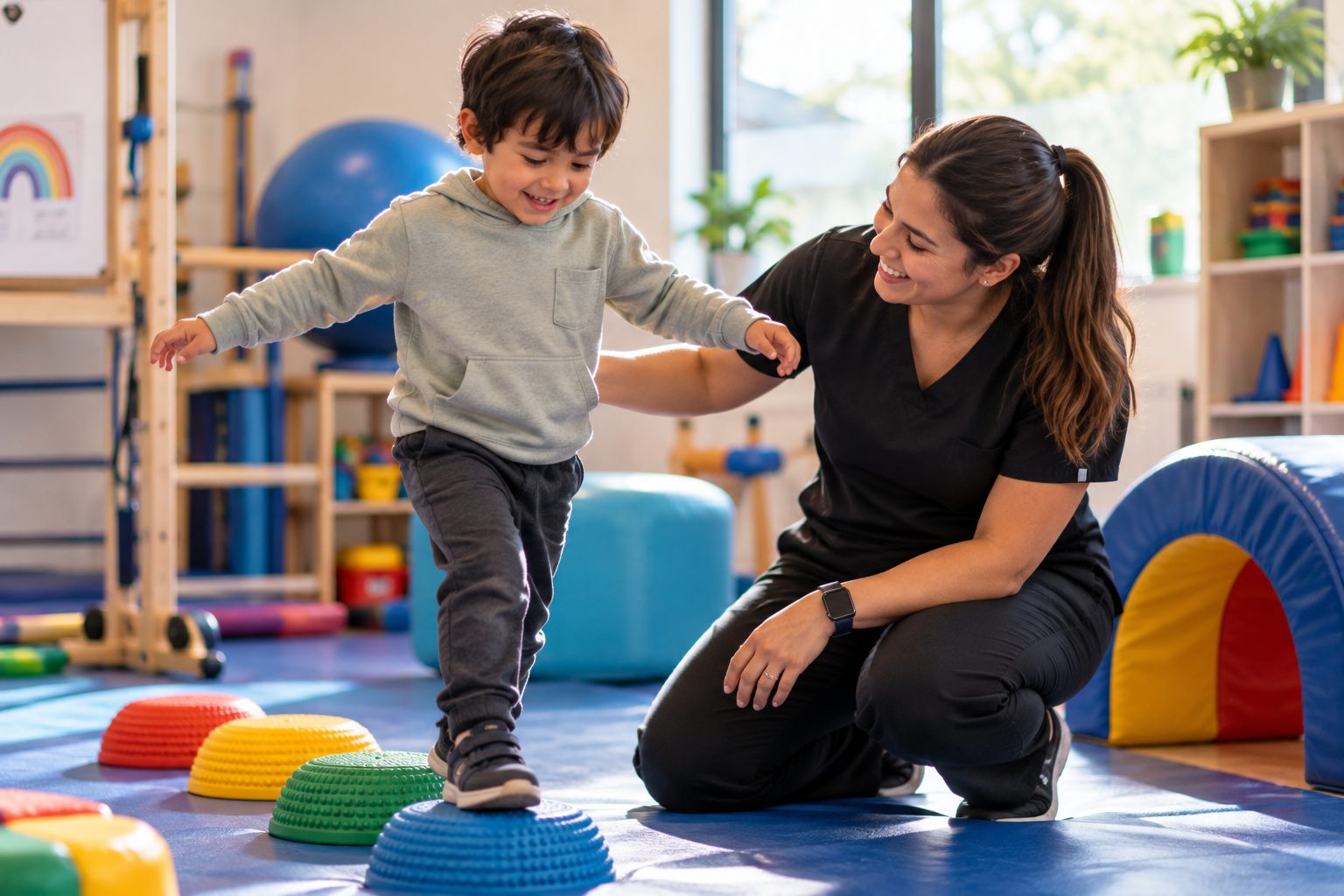 Child participating in a movement activity with support from a therapist.