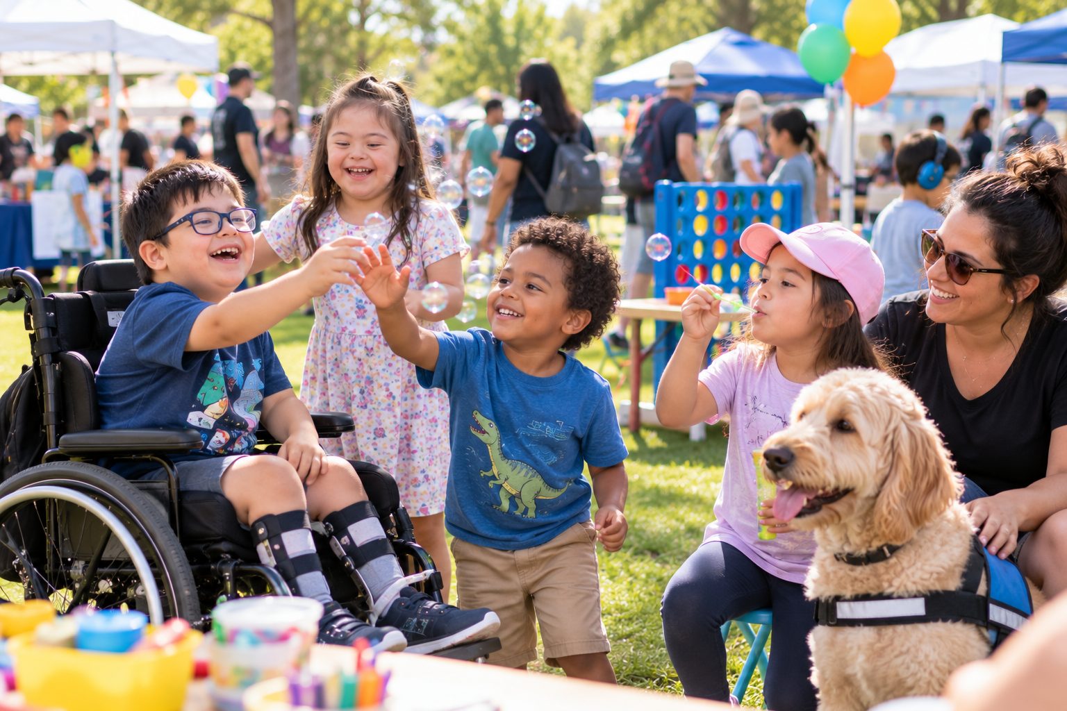 Children of different abilities enjoying activities together at an inclusive community event.
