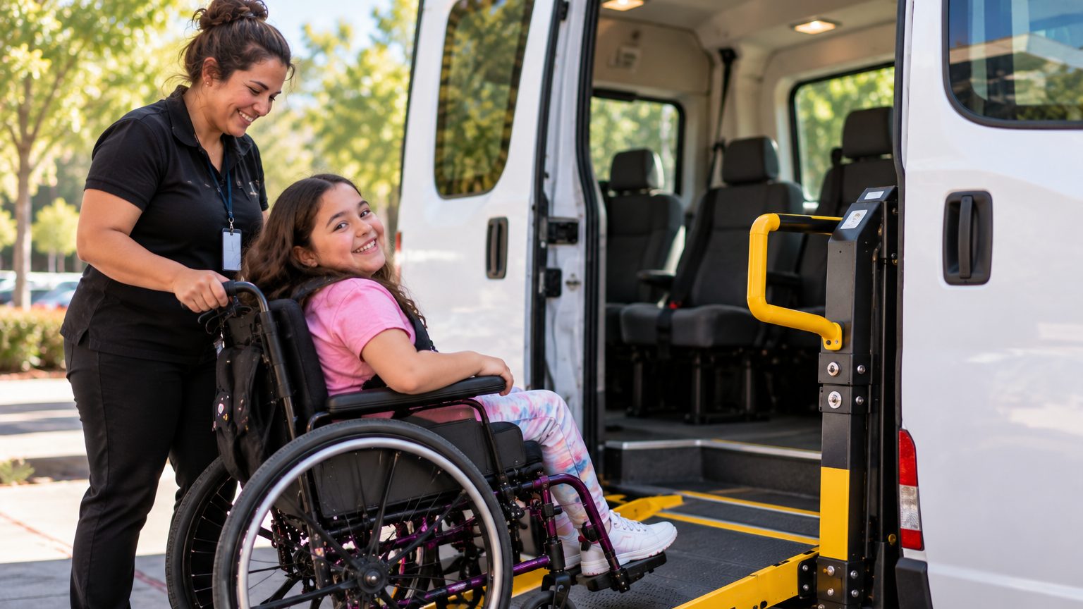 Wheelchair user preparing to board an accessible vehicle with assistance.