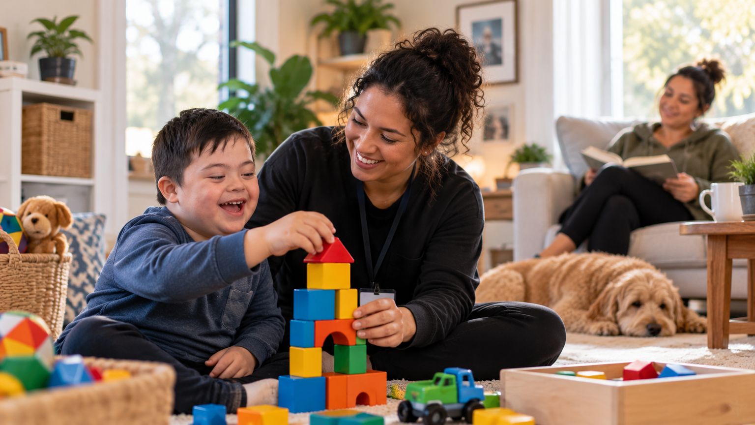 Child enjoying an activity with a support person while a parent takes time to rest.